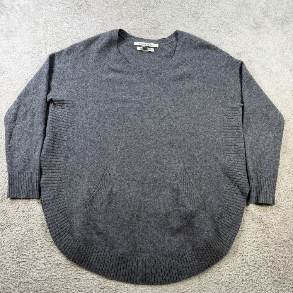 Max Studio Sweater Women Medium Grey 100% Cashmere 2 Ply Oversized Pocket Soft